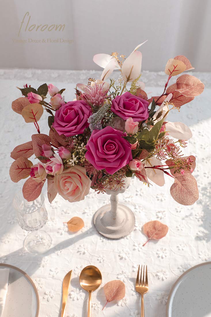 Floroom Artificial Flowers 25pcs Real Looking Hot Pink Foam Fake Roses with Stems for DIY Wedding Bouquets Bridal Shower Centerpieces Floral Arrangements Party Tables Home Decorations - Image 2